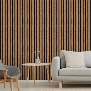 Modern wood grain slat wall panels used as a living room interior background decoration