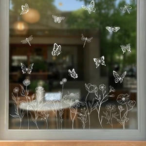 White floral glass window stickers with butterflies and dragonflies for spring home decor