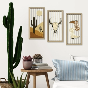 Three-piece Western American desert landscape wall art set in light wood frames