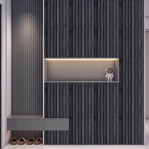 Self-adhesive dark grey wood grain wall panel with vertical slat design for modern home decor