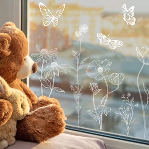 White floral glass window stickers with butterfly and daisy patterns for home decoration