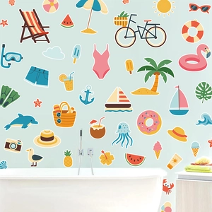 Stickers muraux étanches en PVC avec motifs d'été tropicaux et flamants roses pour bain