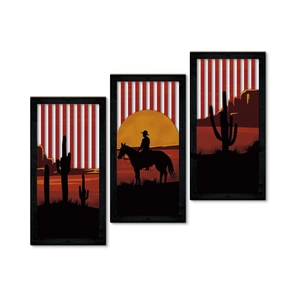 Western cowboy cactus sunset wooden wall art set of 3 rustic American vintage silhouette