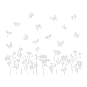 White floral wall decals with butterflies and sunflowers on a clean white background