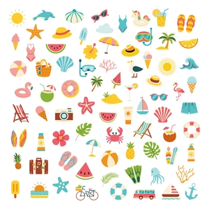 Stickers muraux PVC imperméables avec éléments colorés de plage d'été et d'océan cartoon