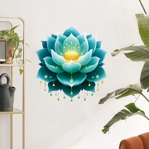 Sticker mural lotus bleu élégant avec étamine dorée et pendentif cristal décoratif