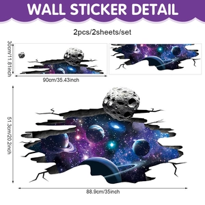 Detail showing 3D space galaxy wall stickers with PVC material and dimensions for kids' room