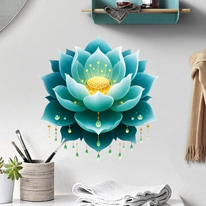 Stickers Muraux Fleur de Lotus Style Chinois PVC Imperméable 3D Floral Décalcomanies pour Chambre Salle de Bain WC Décoration