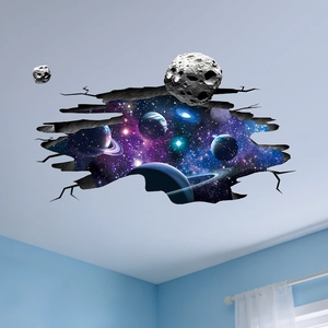 3D outer space broken wall sticker with colorful planets and cosmic nebula effect