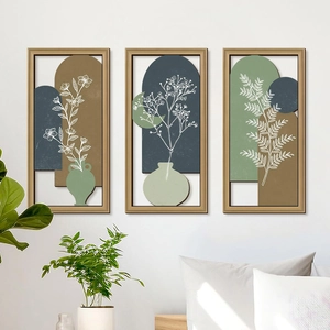 Set of 3 Morandi wood wall art with abstract botanical designs for modern living rooms