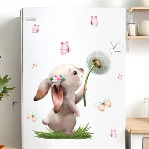 Easter bunny window sticker featuring a rabbit holding a dandelion with colorful butterflies