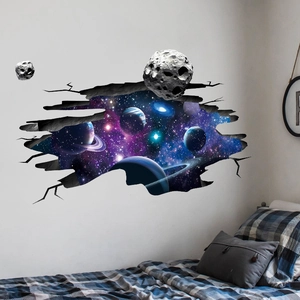 3D outer space galaxy wall sticker with realistic broken wall effect for kids room decor