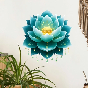 Sticker mural lotus bleu élégant avec étamines jaunes et pendentifs goutte d'eau