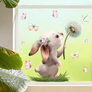 Easter Cartoon Rabbit Fox Window Stickers PVC Static Cling Butterfly Dandelion Floral Decals For Kids Room Home Decor