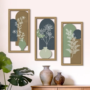Three-piece modern Morandi abstract floral wall art set with minimalist wood frames