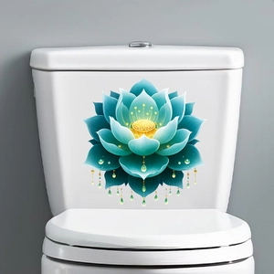 Autocollant de toilettes fleurs de lotus avec dégradé bleu et pendentifs gouttes vertes