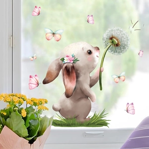 Easter bunny window clings with butterflies and dandelions in soft watercolor style