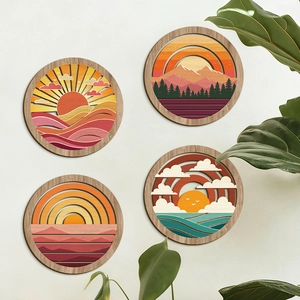 Set of 4 geometric wooden wall art pieces with 3D layered mountain and wave designs