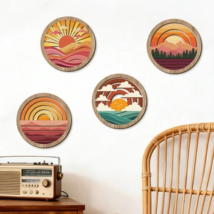 Round Wooden Wall Decor 3D Layered Nature Landscape Sunset Forest Ocean Wave Mountain Laser Cut Wood Art For Home Office Decor