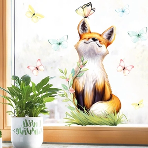 Detail of Easter cartoon fox window sticker with colorful butterflies and spring flowers