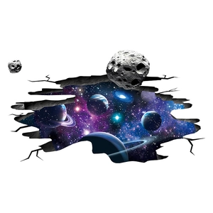 3D outer space cracked wall sticker with realistic galaxies and planetary depth effect