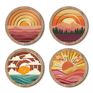 Set of 4 geometric round wooden wall art featuring bohemian mountain and forest landscapes