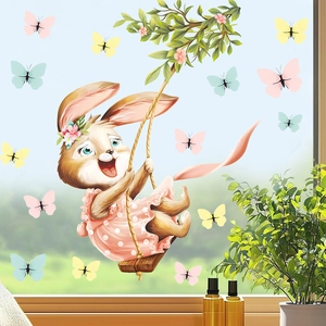 Detail of Easter bunny on swing window sticker with colorful butterfly accents