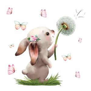 Easter bunny window sticker with white rabbit holding dandelion and colorful butterflies