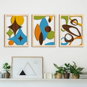 Set di 3 pannelli decorativi geometrici in legno con forme astratte 3D colorate