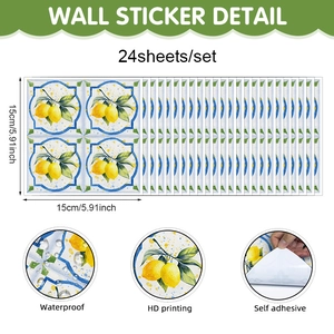 Detail of 24pcs lemon Mediterranean tile stickers showing waterproof HD printing texture