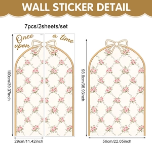 Detailed dimensions of Bohemian arch wall decals with floral patterns and pink roses