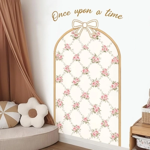 Bohemian arch wall sticker with pink roses and butterfly bow for living room decor