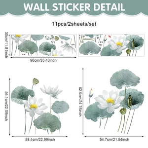 Detailed size specifications for 11-piece lotus wall stickers with dimension markings
