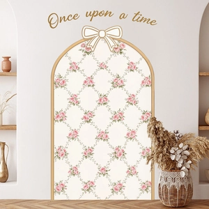 Bohemian arch wall decal with pink roses, bow detail, and Once upon a time text