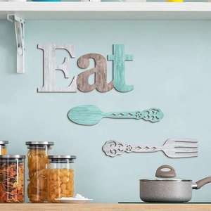 Modern rustic wooden Eat sign with spoon and fork wall decor set for kitchen and dining rooms