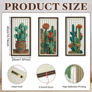 Detail of 3-piece wooden cactus wall art showing metal hook and 0.5cm slim thickness