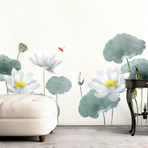 Ink style lotus wall decal with white flowers and dragonfly for home decor