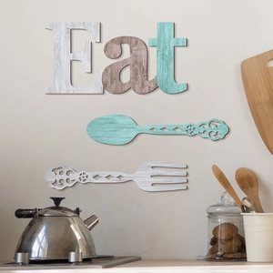 Modern wooden kitchen wall art set featuring Eat sign with spoon and fork cutouts