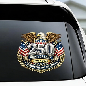 Detail of 250th Anniversary eagle car decal applied on a rear vehicle window