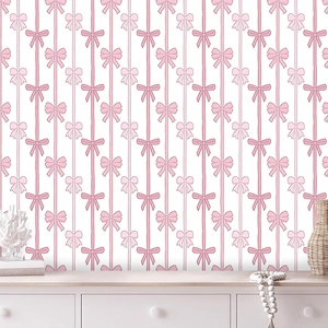 Carta da Parati Adesiva in PVC Bohemian Rosa Con Fiocco e Nastro Stampato Per Camera da Letto Ragazze Adesivo Parete