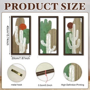 Detail view of 40x20cm cactus wall art showing metal hooks and 0.5cm wood texture