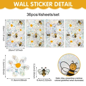 Detail of 36pcs rainbow bee and daisy static window clings with dimensions and laser effect