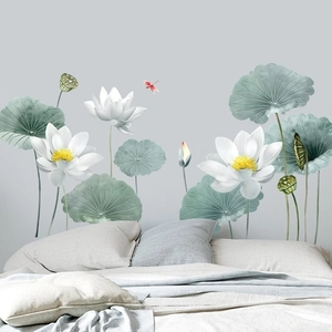 Chinese Style Lotus Water Poppy Wall Stickers PVC Self Adhesive Ink Wash Floral Wall Decals For Living Room Bedroom Decor
