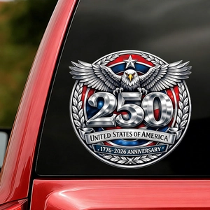 US 250th anniversary car window decal featuring a bald eagle and American flag on black glass