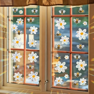 Rainbow window decals with bee and daisy patterns for suncatcher glass decoration