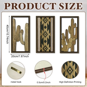 Detail of wooden cactus wall art set with sawtooth hangers and 0.5cm board thickness