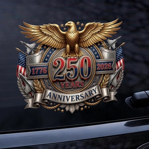 Detail of USA 250th anniversary car sticker with eagle and flag on glass window