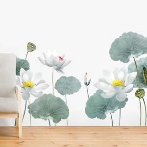 New Chinese style lotus flower wall sticker with green leaves for home decor