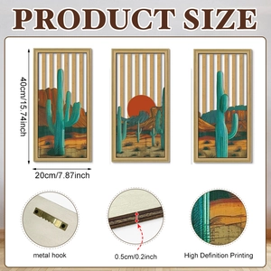 Three-piece bohemian cactus wall art dimensions showing 20x40cm size and metal hook detail