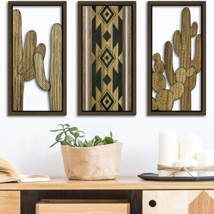 Three-piece bohemian cactus wall art set with wooden frames for home interior decor